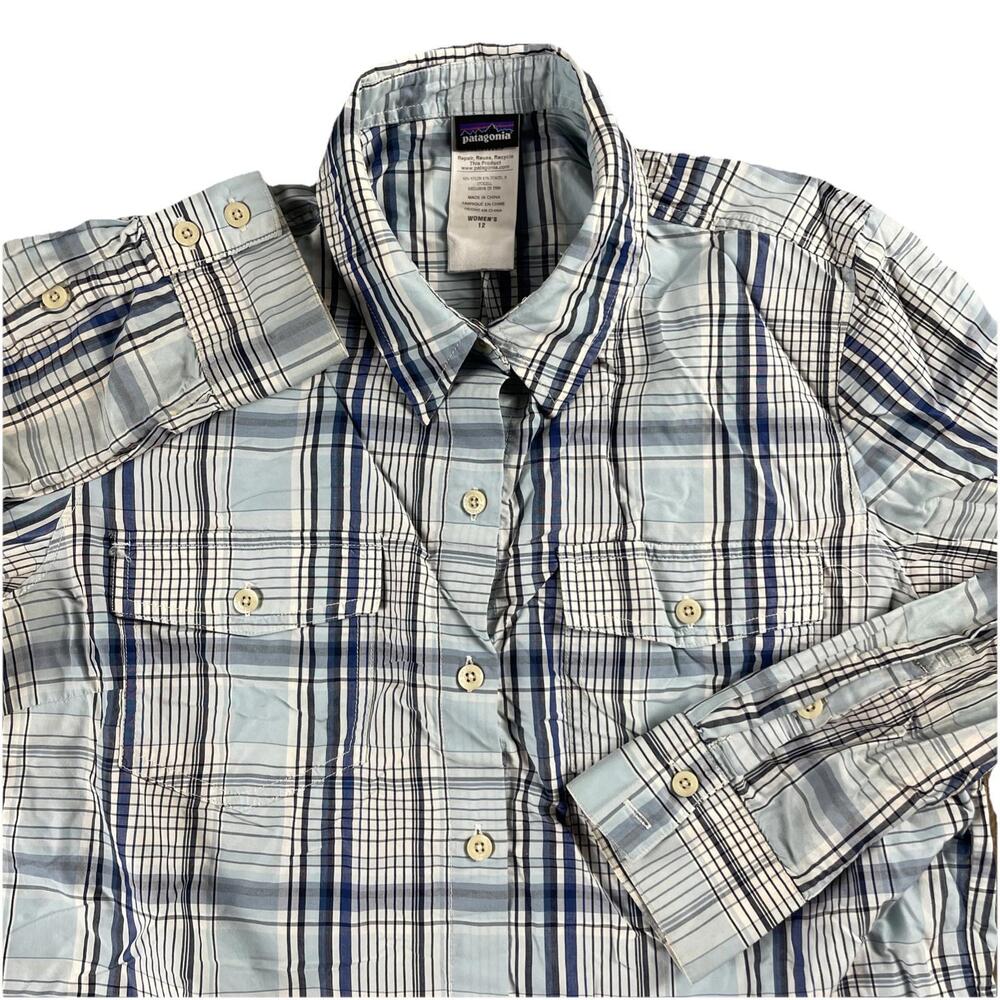 Patagonia Women's 12 Roll Up Long Sleeve Overcast Shirt Style # 54301 Blue Plaid